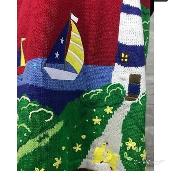 Quacker Factory Lighthouse Red Knit Sweater Sailboat Short Sleeve Women Medium - Picture 4 of 16